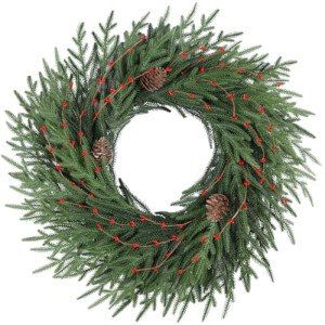 26 Inch Artificial Christmas Wreath - Christmas Wreaths for Front Door, Artificial Green Wreath Decorated with Pine Cones and Pip Berry for Fireplace Window Outdoor Table Centerpiece Decoration