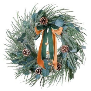 Christmas Wreaths for Front Door,24 in Green Artificial Winter Wreath,Decorated with Big Pine Cones,Bows,Bells & Frosted Branches,Xmas Wreath Holiday Decorations for Farmhouse Indoor Outdoor Wall Use