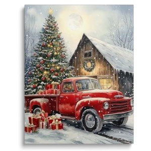 Vintage Red Truck Christmas Canvas Wall Art