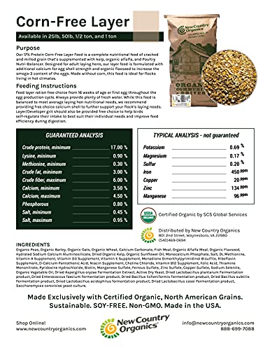 Country Organics Layer Feed | Corn-Free, Soy-Free | 17% Protein | Organic, Non-GMO | 25 lbs