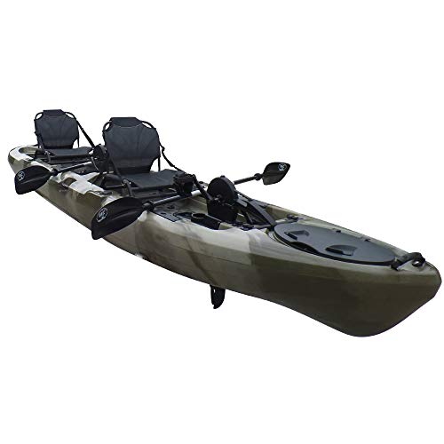BKC PK14 Angler 14' Tandem Sit-On-Top Fishing Kayak, Propeller-Driven w/Instant Reverse Dual Pedal Drive, Rudder System, Paddles, and Upright Aluminum Frame Backrest Support Seats