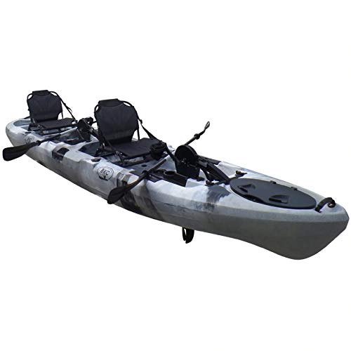 BKC PK14 Angler 14' Tandem Sit-On-Top Fishing Kayak, Propeller-Driven w/Instant Reverse Dual Pedal Drive, Rudder System, Paddles, and Upright Aluminum Frame Backrest Support Seats