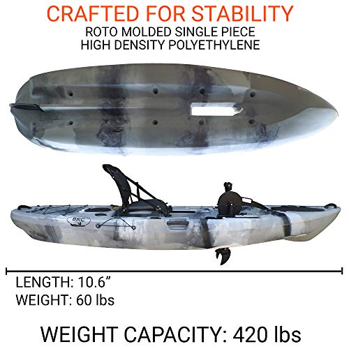 BKC PK11 Angler 10.5-Foot Sit On Top Solo Fishing Kayak w/Instant Reverse Pedal Drive, Hand Control Rudder, Paddle, and Upright Seat (Grey Camo)
