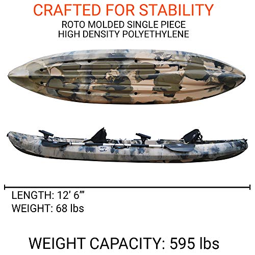 BKC TK219 12.5-Foot Tandem 2 or 3 Person Sit On Top Fishing Kayak w/Padded Seats and Paddles (Camo)