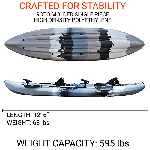 BKC TK219 12.5-Foot Tandem 2 or 3 Person Sit On Top Fishing Kayak w/Padded Seats and Paddles (Grey Camo)