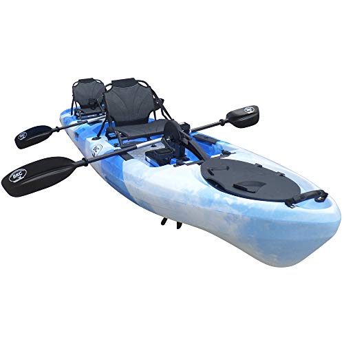 BKC PK14 14' Tandem Sit On Top Pedal Drive Kayak W/Rudder System and Instant Reverse, 2 Paddles, 2 Upright Back Support Aluminum Frame Seats 2 Person Foot Operated Kayak (Blue Camo)