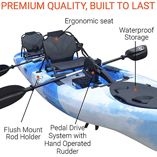BKC PK14 14' Tandem Sit On Top Pedal Drive Kayak W/Rudder System and Instant Reverse, 2 Paddles, 2 Upright Back Support Aluminum Frame Seats 2 Person Foot Operated Kayak (Blue Camo)