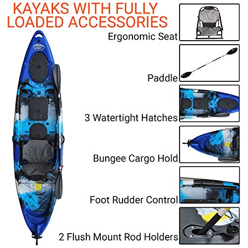 Brooklyn Kayak Company BKC UH-RA220 11-Foot 6-inch Angler Sit On Top Fishing Kayak with Paddles,Upright Seat and Rudder System Included (Blue Camo)