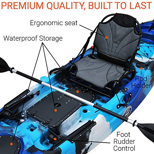 Brooklyn Kayak Company BKC UH-RA220 11-Foot 6-inch Angler Sit On Top Fishing Kayak with Paddles,Upright Seat and Rudder System Included (Blue Camo)