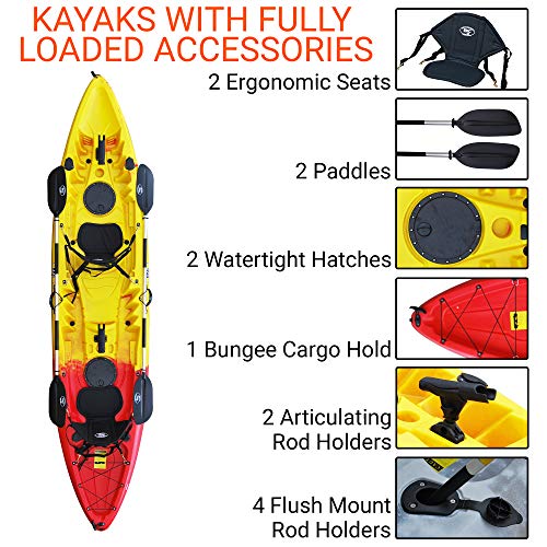 BKC TK219 12.2' Tandem Fishing Kayak W/Soft Padded Seats, Paddles,6 Rod Holders Included 2-3 Person Angler Kayak (Red Yellow)