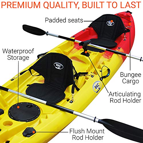 BKC TK219 12.2' Tandem Fishing Kayak W/Soft Padded Seats, Paddles,6 Rod Holders Included 2-3 Person Angler Kayak (Red Yellow)