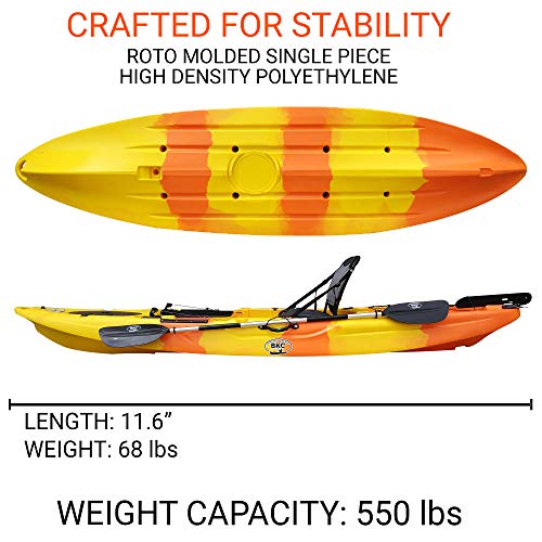 Brooklyn Kayak Company BKC UH-RA220 11-Foot 6-inch Angler Sit On Top Fishing Kayak with Paddles, Upright Seat and Rudder System Included (Yellow/Orange)