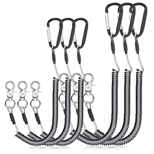 Woanger 6 Pack Fishing Lanyard Steel Wire Coiled Lanyard Tool Lanyards for Hand Tools Kayak Retractable Tool Leash Fishing Rod Safety Lanyards Gear with Alloy Clips for Pliers Boating(Black)