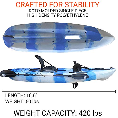 BKC PK11 Angler 10.5-Foot Sit On Top Solo Fishing Kayak w/Instant Reverse Pedal Drive, Hand Control Rudder, Paddle, and Upright Seat (Blue Camo)