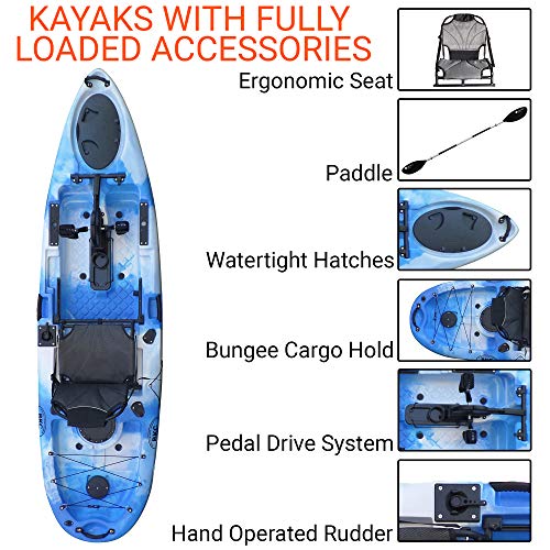 BKC PK11 Angler 10.5-Foot Sit On Top Solo Fishing Kayak w/Instant Reverse Pedal Drive, Hand Control Rudder, Paddle, and Upright Seat (Blue Camo)