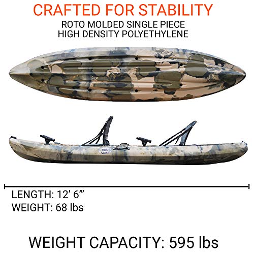 BKC TK219 12.5-foot Tandem 2 or 3 Person Sit On Top Fishing Kayak w/ Upright Aluminum Frame Seats and Paddles (CAMO)