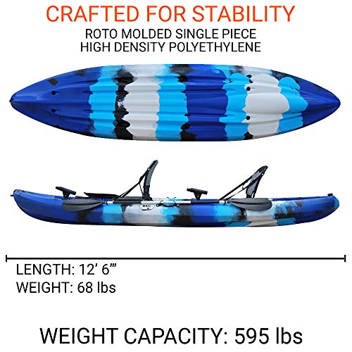 BKC TK219 12.5-Foot Tandem 2 or 3 Person Sit On Top Fishing Kayak w/Upright Aluminum Frame Seats and Paddles (Blue Camo)