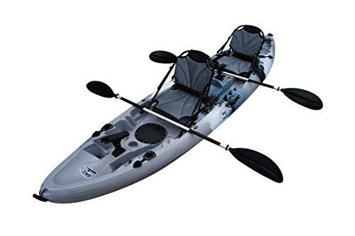 BKC TK219 12.2' Tandem SIt On Top Kayak W/Upright Aluminum Frame Backrest Support Seats, Paddles, 6 Fishing Rod Holders Included 2-3 Person Angler Kayak (Grey)