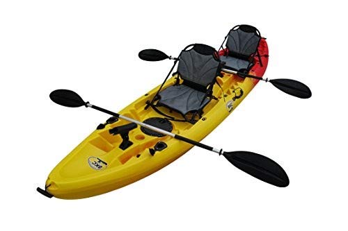 BKC TK219 12.5-Foot Tandem 2 or 3 Person Sit On Top Fishing Kayak w/Upright Aluminum Frame Seats and Paddles (Red Yellow)