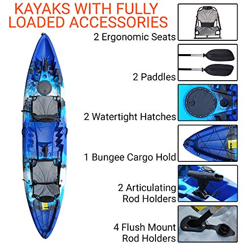 BKC TK219 12.5-Foot Tandem 2 or 3 Person Sit On Top Fishing Kayak w/Upright Aluminum Frame Seats and Paddles (Blue Camo)