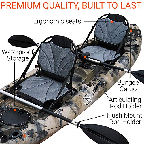 BKC TK219 12.5-foot Tandem 2 or 3 Person Sit On Top Fishing Kayak w/ Upright Aluminum Frame Seats and Paddles (CAMO)