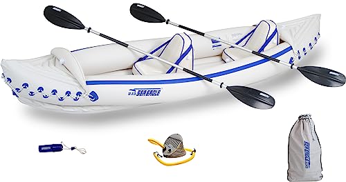 Sea Eagle SE370 3 Person Inflatable Portable Sports Kayak w/Seats, Paddles, Foot Pump and Carrybag