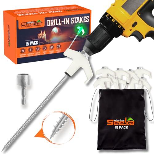 15 Pack 8" Heavy Duty Threaded Tent Stakes - Drill in Style Ground Anchor Screw in Pegs - Replace Bulky Canopy Weights - Comes with Hex Head Driver and Convenient Storage Bag Included