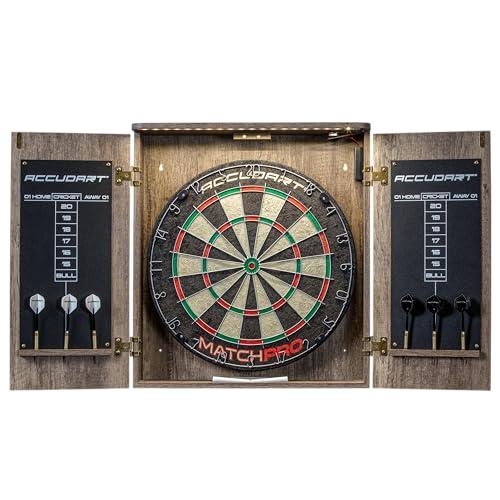 Accudart Match Pro Dartboard Cabinet Set - Official Size - Self Healing Sisal - Modern Style Woodgrain - Two Built-in Dartholders - LED Lighting - Includes Scoreboard, Chalk, Eraser, and Six Darts