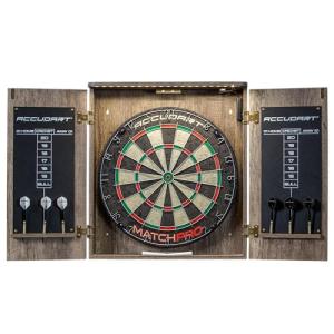 Accudart Match Pro Dartboard Cabinet Set - Official Size - Self Healing Sisal - Modern Style Woodgrain - Two Built-in Dartholders - LED Lighting - Includes Scoreboard, Chalk, Eraser, and Six Darts