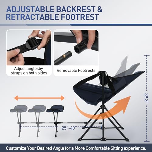 Rengue Hammock Camping Chair, Folding Camping Chairs with Retractable Footrest, Adjustable Backrest, Headrest, Cup Holder Portable Outdoor Lawn Chairs for Camping, Fishing, Hiking (Dark Blue)