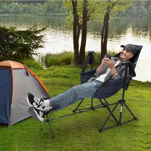 Rengue Hammock Camping Chair, Folding Camping Chairs with Retractable Footrest, Adjustable Backrest, Headrest, Cup Holder Portable Outdoor Lawn Chairs for Camping, Fishing, Hiking (Dark Blue)