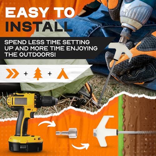 15 Pack 8" Heavy Duty Threaded Tent Stakes - Drill in Style Ground Anchor Screw in Pegs - Replace Bulky Canopy Weights - Comes with Hex Head Driver and Convenient Storage Bag Included