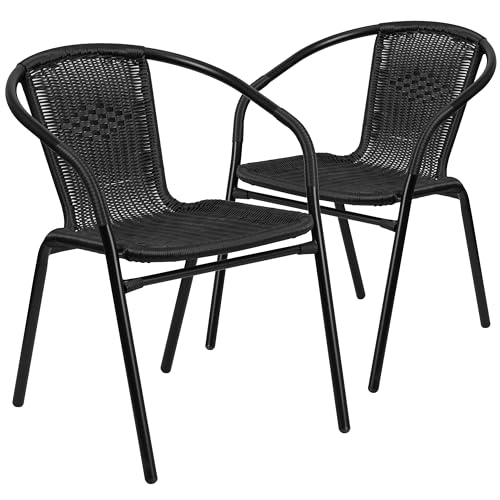 2 Pack Black Rattan Stack Chairs for Restaurants