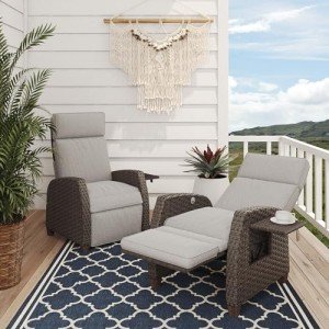 Mist Grey Outdoor Reclining Wicker Lounge Chairs Set