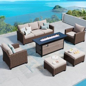 Brown Wicker Patio Furniture Set with Firepit