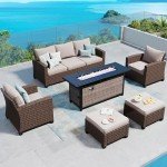 Brown Wicker Patio Furniture Set with Firepit