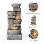 Stone Gray LED Cascading Bowls Outdoor Fountain