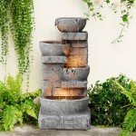 Stone Gray LED Cascading Bowls Outdoor Fountain