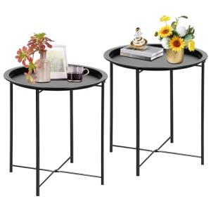VECELO Folding Round Metal Side Tables - Black