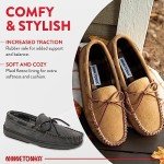 Minnetonka Plaid Lined Hardsole - Moccasin Slippers for Men Made with Suede Upper, Rubber Sole, Plush Interior, Fleece Lining, Rawhide Lace, and Traditional Moccasin Design, 10 M Charcoal