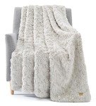 UGG 25518 Amanda Silky Smooth Extra Long Breathable Lightweight Elegant Fluffy Fuzzy Soft Luxury Cozy Faux Fur All Season Easy Care Throw Blanket for Sofa Couch or Any Room Decor, 70 x 50-inch, Stone.