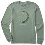 Life is Good Women's Standard Crusher Tee, Long Sleeve Cotton Graphic T-Shirts, Crescent Moon Daisies, Moss Green