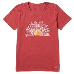 Life is Good. Women's Crusher Vee Watercolor Daisy, Faded Red
