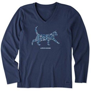 Life is Good Women's Standard Cat Mosaic Long Sleeve Tee, Darkest Blue, Medium