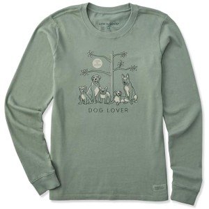 Life is Good Women's Standard Crusher Tee, Long Sleeve Cotton Graphic T-Shirts, Dog Lover Tree, Moss Green