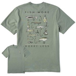 Life is Good Men's Fish More Worry Less Hooks and Tackle Short Sleeve Crusher Tee (X-Large, Moss Green)