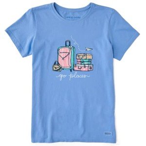 Life is Good Women's Go Places Luggages Short Sleeve Crusher Tee (X-Large, Cornflower Blue)