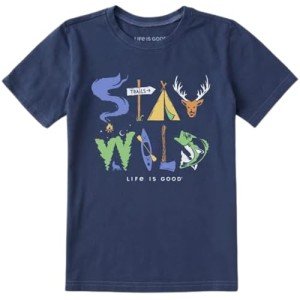 Life is Good Kids Stay Wild Short Sleeve Crusher Tee (Medium, Darkest Blue)