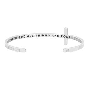 MantraBand Cross Bracelet - With God All Things Are Possible - Inspirational Engraved Adjustable Mantra Band Cuff Bracelet - Silver - Gifts for Women