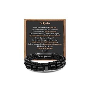 JoycuFF Birthday Gifts for Son from Mom Black Leather Bracelets for Son Love You Forever Handmade Jewelry to My Son Mens Bracelets Anniversary Graduation Jewelry